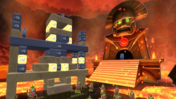 Screenshot of Boom Blox game level with structures and characters.