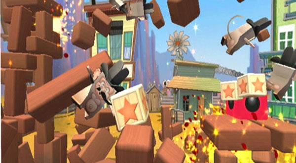 Screenshot of gameplay from the video game Boom Blox.Screenshot of Boom Blox game with blocks and characters falling.