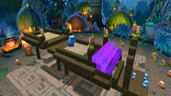Screenshot of Boom Blox gameplay featuring block structures.Screenshot of Boom Blox gameplay with structures and characters.