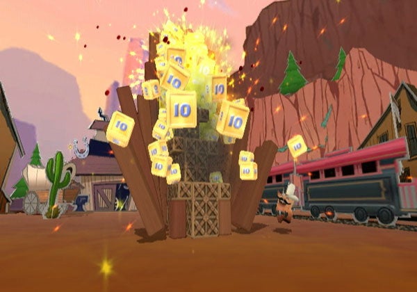 Screenshot from Boom Blox game showing explosive block destruction.Screenshot of Boom Blox game showing an explosion with score points.