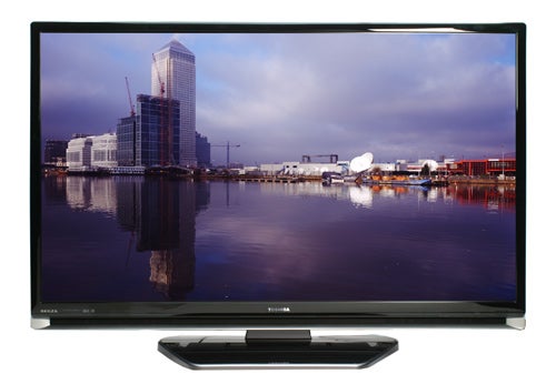 Toshiba Regza 40ZF355D LCD TV displaying a cityscape.