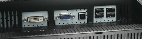 ViewSonic VP2250wb monitor connection ports close-upViewSonic monitor ports including DVI, VGA, and USB connections.
