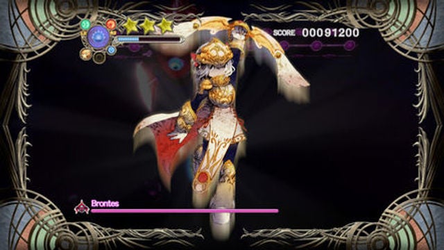 Screenshot of 'Dark Mist' game boss battle with player score.Screenshot of a boss battle in a video game with score display.