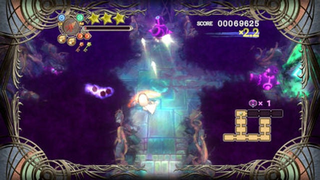 Screenshot of Dark Mist video game showing gameplay and score.Screenshot of gameplay from Dark Mist showing score and player status.