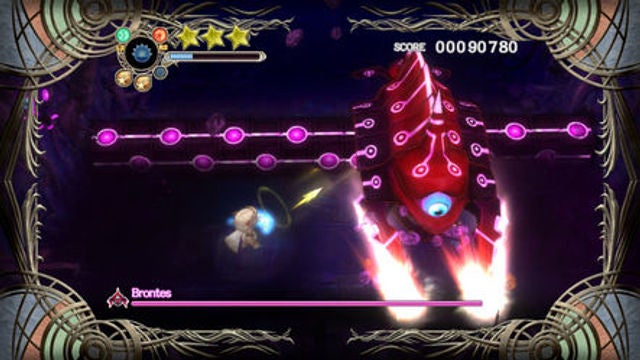 Screenshot of a boss battle in a video game.Screenshot of Dark Mist game showing combat against Brontes boss.