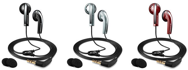 Three sets of Sennheiser MX 560 earphones in different colors.Sennheiser MX 560 earphones in three color options.