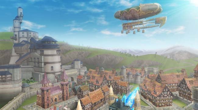 Screenshot of Final Fantasy Crystal Chronicles cityscape with airship.Screenshot of Final Fantasy Crystal Chronicles kingdom and airship.