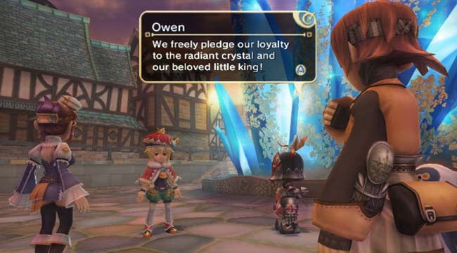 Characters in Final Fantasy Crystal Chronicles game pledging loyalty.In-game scene with characters pledging loyalty to their king.