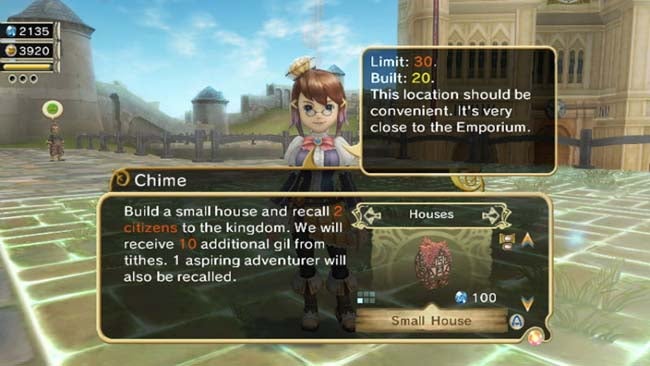 Screenshot of Final Fantasy Crystal Chronicles city-building gameplay.Screenshot of building selection in Final Fantasy Crystal Chronicles game.