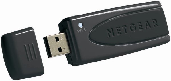 Netgear wireless USB adapter with cap removed.