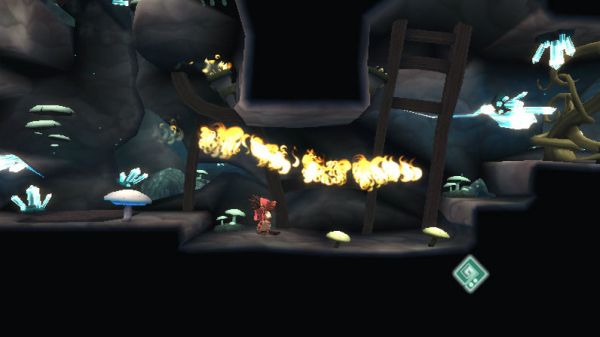 Screenshot from LostWinds video game showing character using fire ability.Screenshot of LostWinds game showing character casting a fire spell.