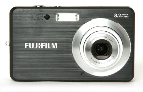Fujifilm FinePix J10 camera with 8.2 megapixels label.Fujifilm FinePix J10 digital camera with 8.2 megapixels.