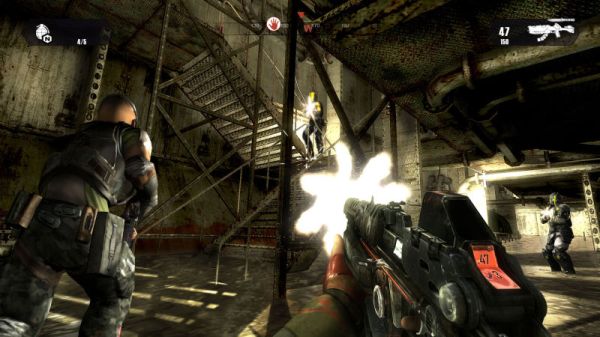First-person shooter video game screenshot with gunfiring action.