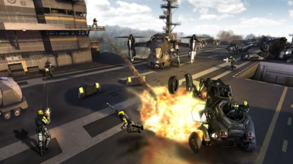 Screenshot of cinematic explosion in the video game Haze.Screenshot from Haze video game showing an action scene with explosion.