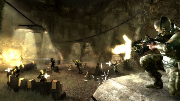 Soldier crouching with gun in a combat scene from the game Haze.Screenshot of Haze video game showing combat scene with soldier and explosion.