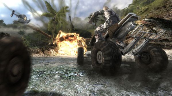 Screenshot of Haze video game showing action scene with explosion.Screenshot from Haze game showing explosive action with ATV and soldiers.
