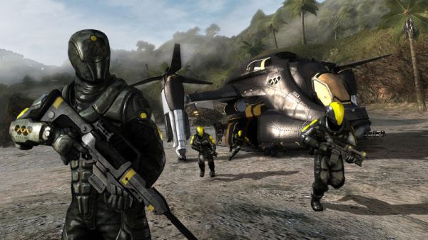 Soldiers and helicopter from the video game Haze.Screenshot from Haze video game showing soldiers and a helicopter.