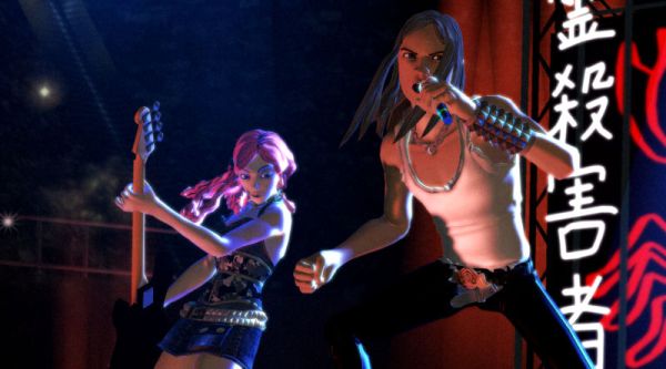 Animated characters playing guitar and singing in Rock Band gameAnimated rock band characters playing on stage