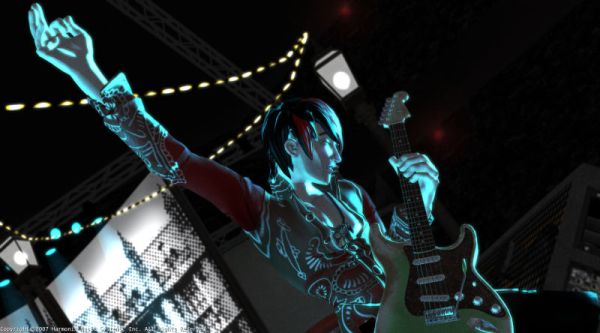 Animated guitarist performing on stage in Rock Band game.Animated guitarist performing on stage in Rock Band video game.