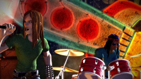 Animated rock band characters playing on stage.Animated Rock Band game characters playing guitar and drums.