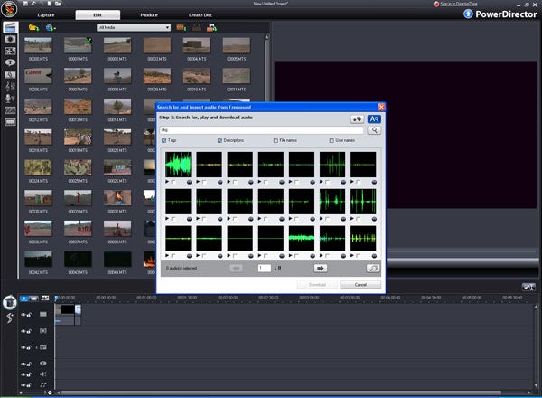 Screenshot of CyberLink PowerDirector 7 video editing software interface.Screenshot of CyberLink PowerDirector 7 interface with audio selection window.
