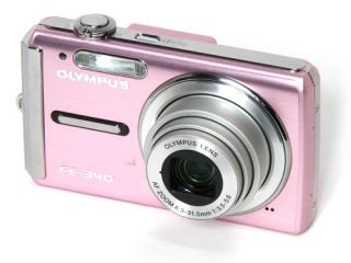 Pink Olympus FE-340 digital camera on white background.
