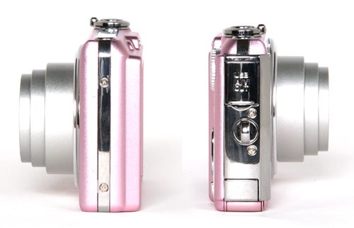 Pink Olympus FE-340 cameras from side and front views.Pink Olympus FE-340 cameras from different angles.