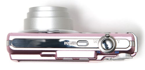 Olympus FE-340 digital camera in pink on white background.