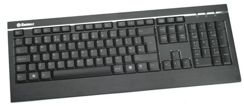 Enermax Aurora Premium black keyboard on a white surface.Enermax Aurora Premium keyboard on a white background.