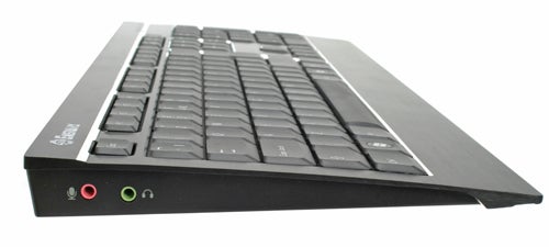 Enermax Aurora Premium keyboard with audio ports on side.Enermax Aurora Premium keyboard on a white background.
