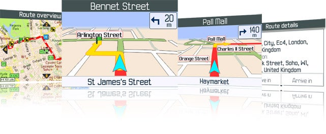 Screenshot of Vodafone Navigator showing route and street names.Screenshot of Vodafone Navigator mapping interface with route details.