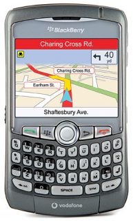 BlackBerry phone displaying Vodafone Navigator map.