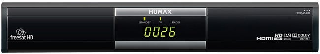 Humax FOXSAT-HD Freesat receiver front display showing time.Humax FOXSAT-HD Freesat Receiver front view with display on.