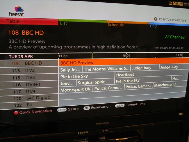 Freesat receiver displaying BBC HD channel guide on TV.Humax FOXSAT-HD Freesat Receiver displaying program guide on TV.