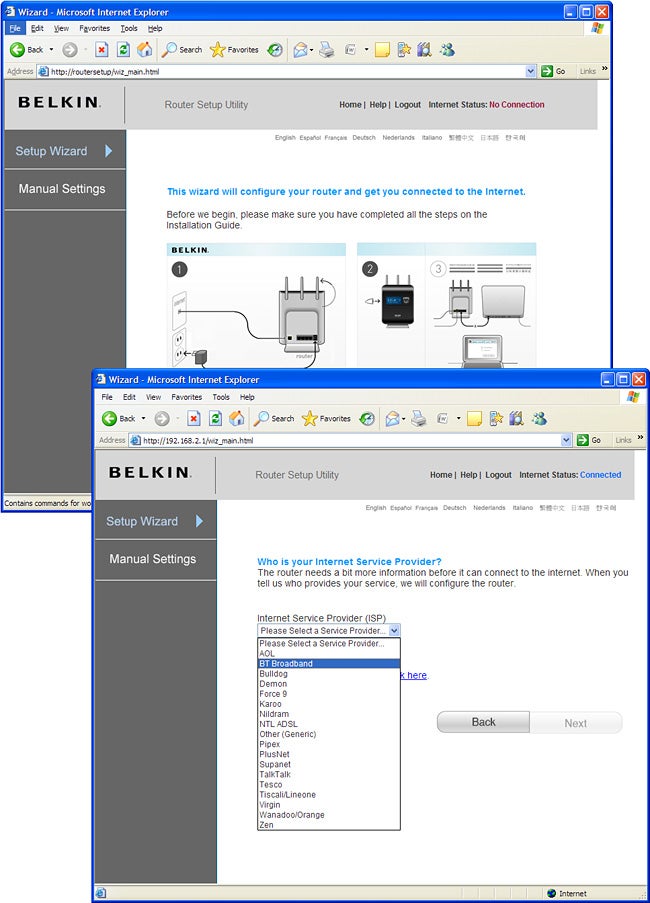 Screenshot of Belkin router setup utility interface on computer screenScreenshot of Belkin router setup utility interface.