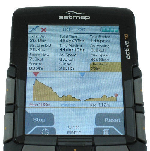 Satmap Active 10 Handheld GPS displaying trip log data.