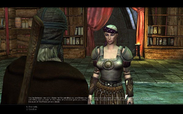 Screenshot of Age of Conan game showing a character dialogue.Screenshot from Age of Conan game showing a female character.