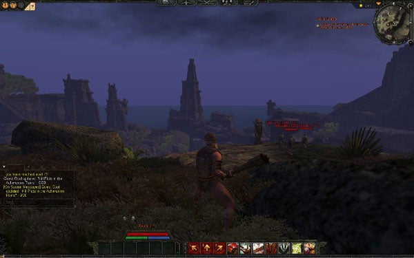 Screenshot of Age of Conan gameplay with character and ruinsScreenshot from Age of Conan: Hyborian Adventures gameplay.