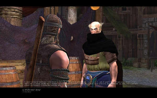 Screenshot from Age of Conan game showing a character dialogue.Screenshot of a conversation in Age of Conan game.