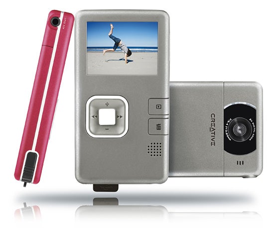 Creative Vado Pocket Video Cam in silver and pink.Creative Vado Pocket Video Cam in red and silver.
