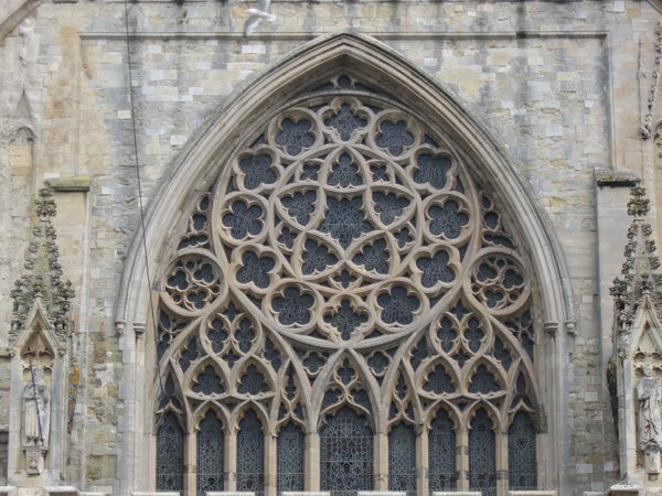 Detailed stone tracery on gothic cathedral window.Canon PowerShot A590 IS photo of intricate cathedral window design.