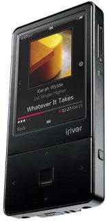 iRiver E100 Media Player 8GB displaying song on screen.
