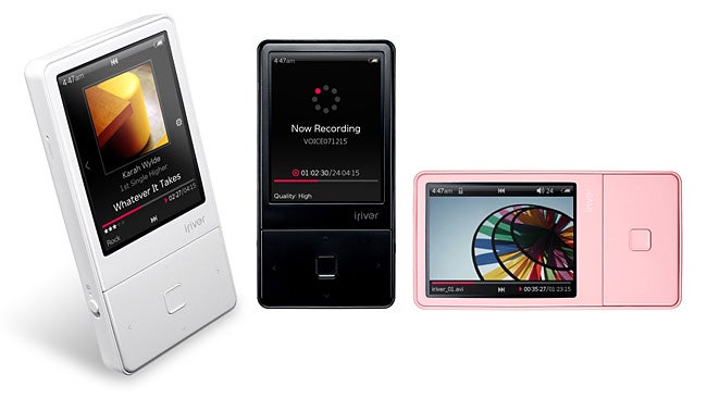 Three iRiver E100 Media Players in white, black, and pink.iRiver E100 media players in various colors and functions.