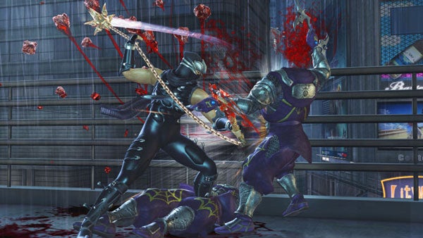 Ninja Gaiden 2 character in combat with enemy.Ninja Gaiden 2 character fighting enemies with blood effects.