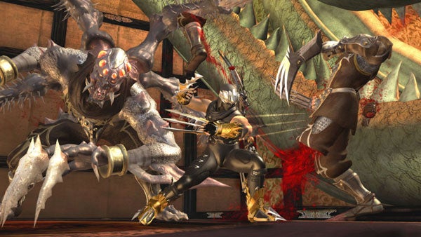 Ninja Gaiden 2 gameplay showing intense battle scene.Ninja Gaiden 2 gameplay scene with combat action.