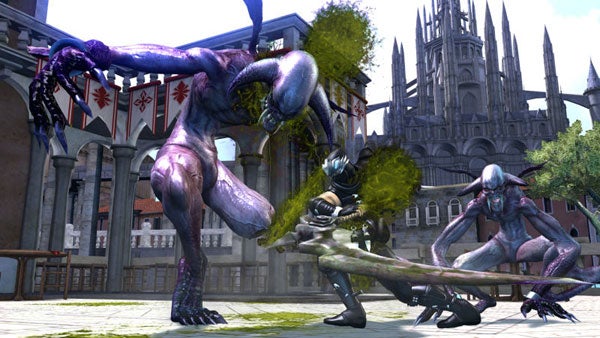 Ninja Gaiden 2 gameplay showing combat with monsters.Ninja Gaiden 2 gameplay showing a character fighting monsters.