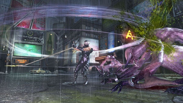 Ninja Gaiden 2 gameplay scene with combat against monsters.Ninja Gaiden 2 gameplay showing character fighting a purple creature.