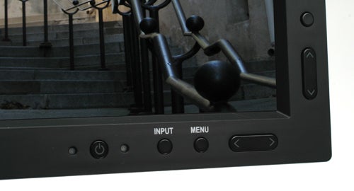 Close-up of NEC MultiSync LCD3090WQXi monitor's input and menu buttons.Close-up of NEC MultiSync LCD3090WQXi monitor control panel.