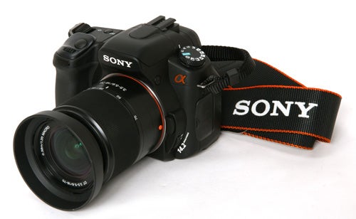 Sony Alpha A350 DSLR camera with lens and strap.