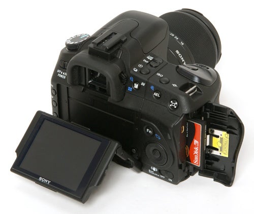 Sony Alpha A350 DSLR camera with open memory card slot.